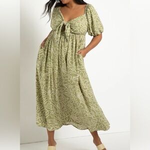 Eloquii Olive Patterned tie Front Full Skirt Dress